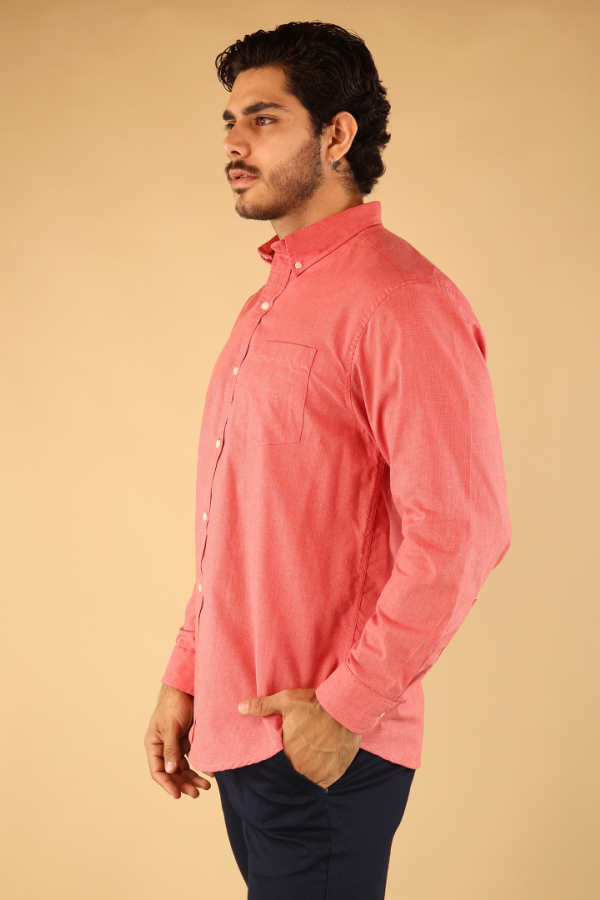 Camisas Manga Larga Color Salmón Corte Regular De Algodón Hombre